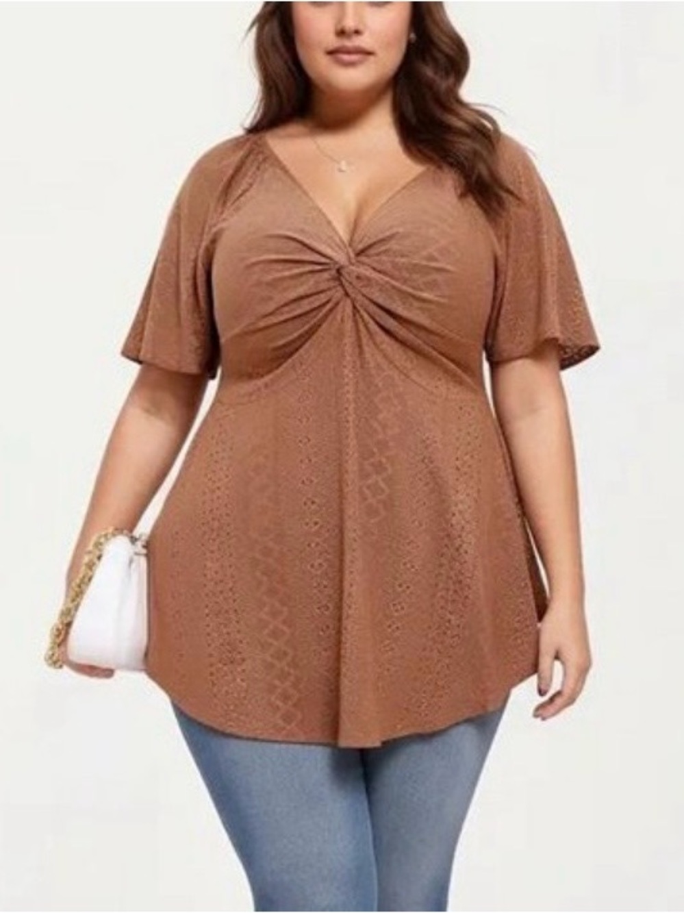 Shein Curve Tan Short Sleeve Twist Front V Neck Peplum Textured Eyelet Top Sz 4X